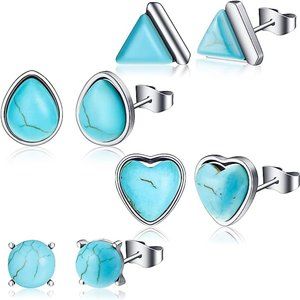 Women Girls Silver Turquoise Earrings Small Stud Earrings Heart Triangle